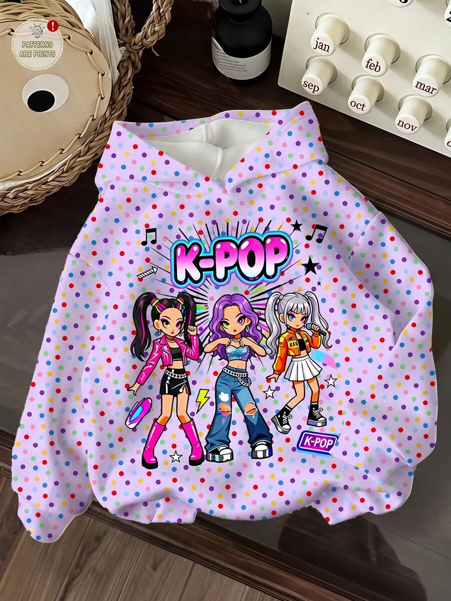 女童可愛卡通女團印花 K-Pop 超級巨星波點連帽衛衣,秋冬款 - 彩色 - 查看 1