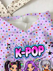 女童可愛卡通女團印花 K-Pop 超級巨星波點連帽衛衣，秋冬款 - 彩色 - 查看 5