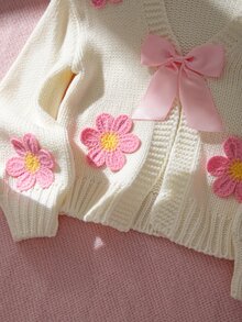 SHEIN 女童針織V領花卉圖案休閒秋季開襟衫 - 白色 - 查看 9