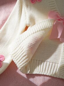 SHEIN 女童針織V領花卉圖案休閒秋季開襟衫 - 白色 - 查看 11