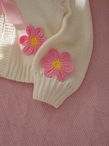 SHEIN 女童針織V領花卉圖案休閒秋季開襟衫 - 白色 - 查看 10