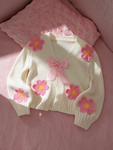 SHEIN 女童針織V領花卉圖案休閒秋季開襟衫 - 白色 - 查看 7