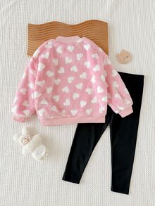 Emery Rose Kids 女童針織愛心圖案立領圓領長袖腰長款秋冬褲裝兩件套，適合居家日常穿著 - 彩色 - 查看 6