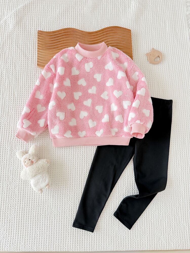 Emery Rose Kids Young Girl Young Girl Knitted Heart Pattern Stand Collar Crew Neck Long Sleeve Waist Long Autumn Winter Pants 2-Piece Set Daily Suitable For Indoor, Daily - Multicolor - View 5