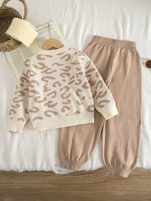 SHEIN 女童豹紋針織圓領休閒毛衣與長褲秋季兩件套 - 彩色 - 查看 5