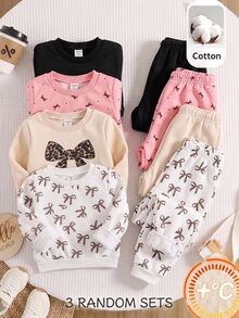 LMoss Kids Baby Girl Vintage Bow Pattern Knitted Soft Crew Neck Long Sleeve Pullover Sweatshirt & Elastic Waist Cuffed Autumn Winter Pants 6pcs -Piece Set - Multicolor - View 7