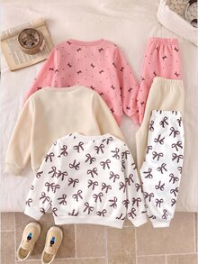 LMoss Kids Baby Girl Vintage Bow Pattern Knitted Soft Crew Neck Long Sleeve Pullover Sweatshirt & Elastic Waist Cuffed Autumn Winter Pants 6pcs -Piece Set - Multicolor - View 2
