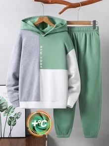 SHEIN 青少年男孩復古撞色寬鬆長袖連帽衫套裝，冬季，街頭風，返校季 - 彩色 - 查看 7