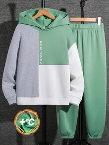 SHEIN 青少年男孩復古撞色寬鬆長袖連帽衫套裝，冬季，街頭風，返校季 - 彩色 - 查看 6