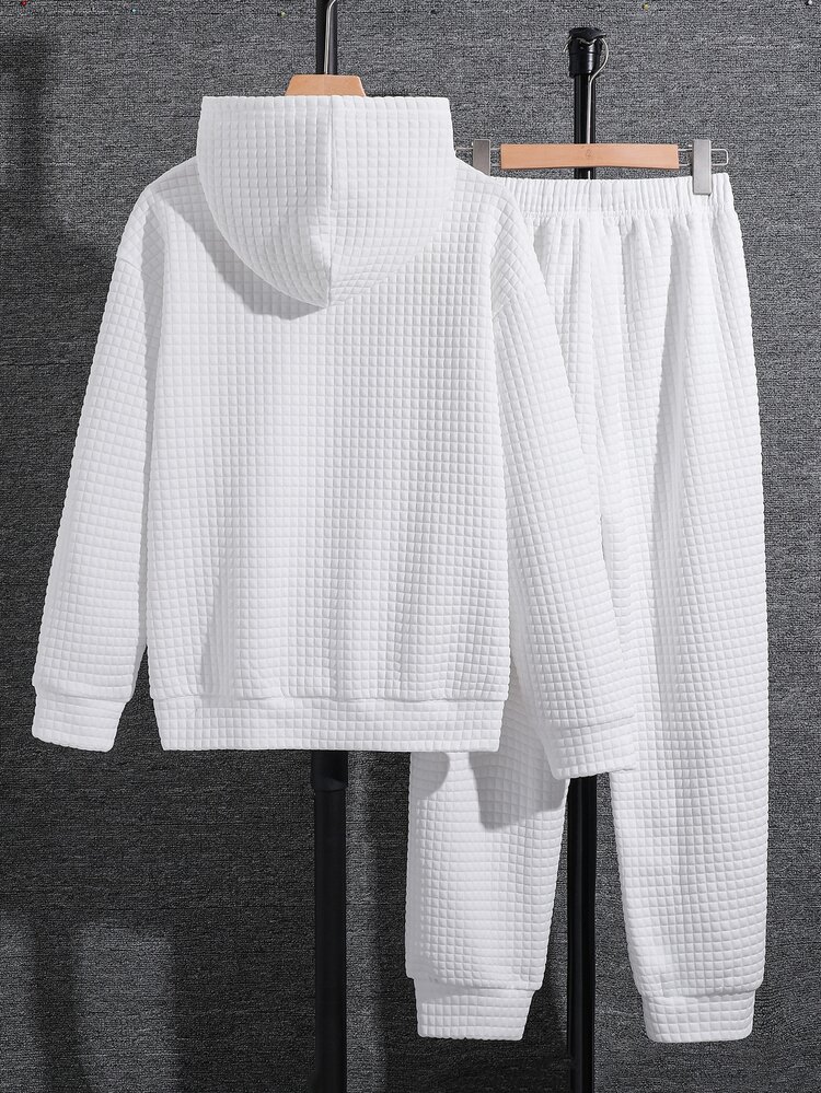 SHEIN Kids 2Pcs Teen Boys Hoodie And Pants Set, Solid Color Diamond Jacquard Fabric Simple And Versatile Suitable For Wearing During The Fall Back-To-School - White - View 6