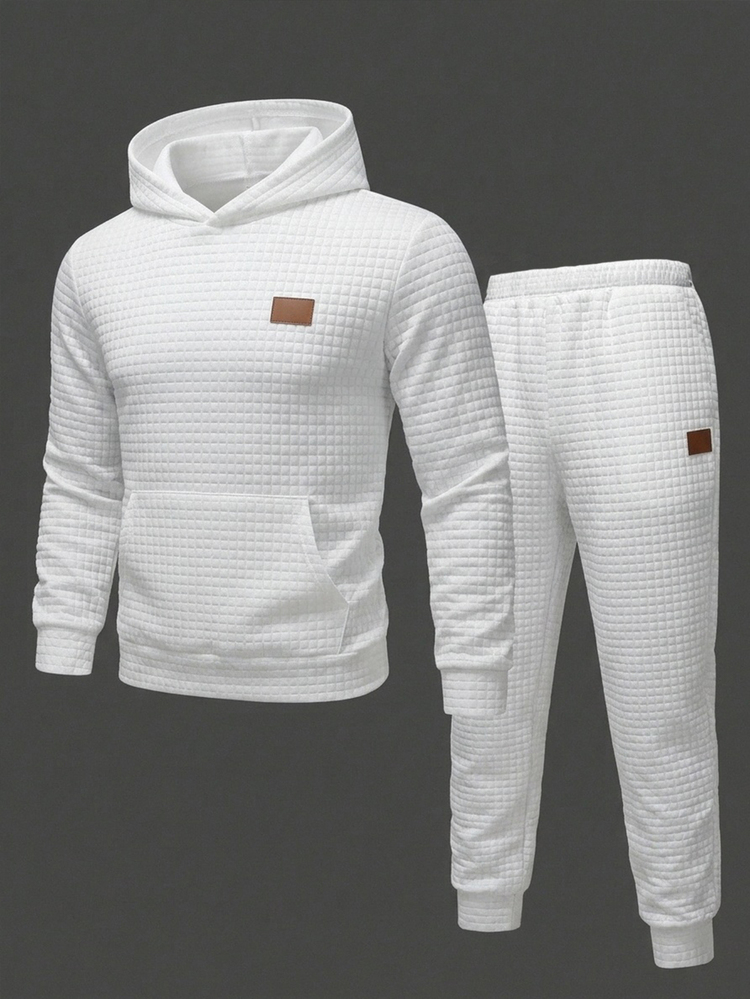 SHEIN Kids 2Pcs Teen Boys Hoodie And Pants Set, Solid Color Diamond Jacquard Fabric Simple And Versatile Suitable For Wearing During The Fall Back-To-School - White - View 2