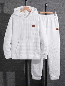 SHEIN Kids 2Pcs Teen Boys Hoodie And Pants Set, Solid Color Diamond Jacquard Fabric Simple And Versatile Suitable For Wearing During The Fall Back-To-School - White - View 4