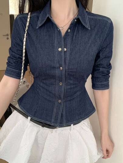 DAZY 女性用 無地 フィットクロップド ボタンアップ デニムシャツ、秋、ジージャン、秋の女性服