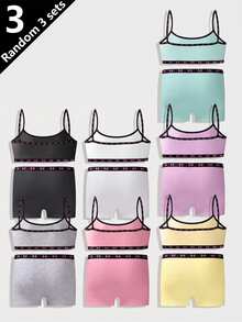 3 Random Sets Girls' Simple Cute Kawaii Basic Solid Color Letter Contrast Camisole Shorts Underwear Set Back-To-School Green White Pink Winter - Multicolor - View 2