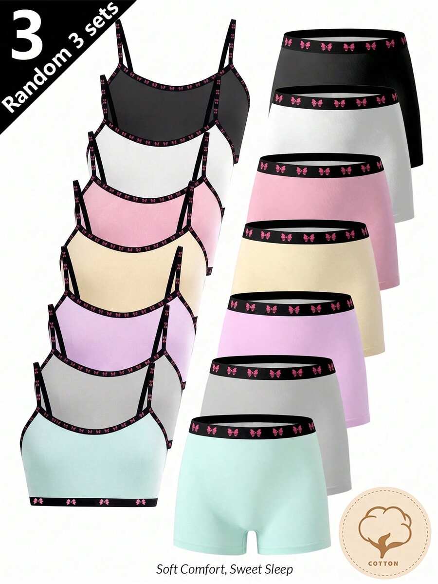 3 Random Sets Girls' Simple Cute Kawaii Basic Solid Color Letter Contrast Camisole Shorts Underwear Set Back-To-School Green White Pink Winter - Multicolor - View 1