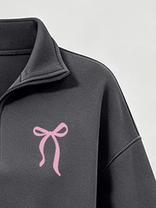 (1 Set) Autumn/Winter Girls' Fashion Minimalist Pink Bow Pattern Basic Stand Collar Half-Zip Sweatshirt With Toothpick Stripe Straight Leg Pants - Multicolor - View 4