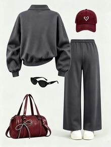 (1 Set) Autumn/Winter Girls' Fashion Minimalist Pink Bow Pattern Basic Stand Collar Half-Zip Sweatshirt With Toothpick Stripe Straight Leg Pants - Multicolor - View 2