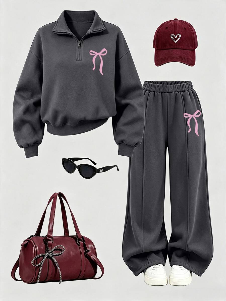 (1 Set) Autumn/Winter Girls' Fashion Minimalist Pink Bow Pattern Basic Stand Collar Half-Zip Sweatshirt With Toothpick Stripe Straight Leg Pants - Multicolor - View 1