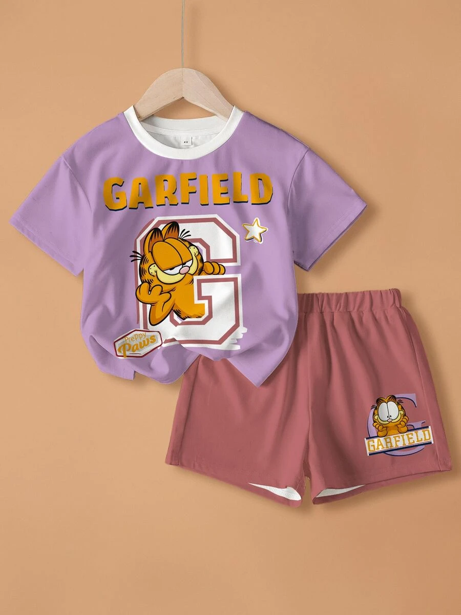 GARFIELD | SHEIN Young Girl Letter Cartoon Print Round Neck T-Shirt And Shorts Set - White - View 1