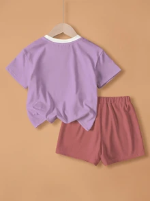 GARFIELD | SHEIN Young Girl Letter Cartoon Print Round Neck T-Shirt And Shorts Set - White - View 2
