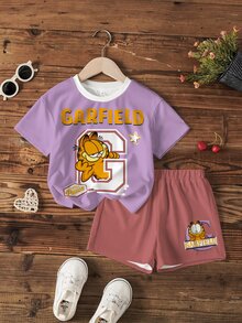 GARFIELD | SHEIN Young Girl Letter Cartoon Print Round Neck T-Shirt And Shorts Set - White - View 7