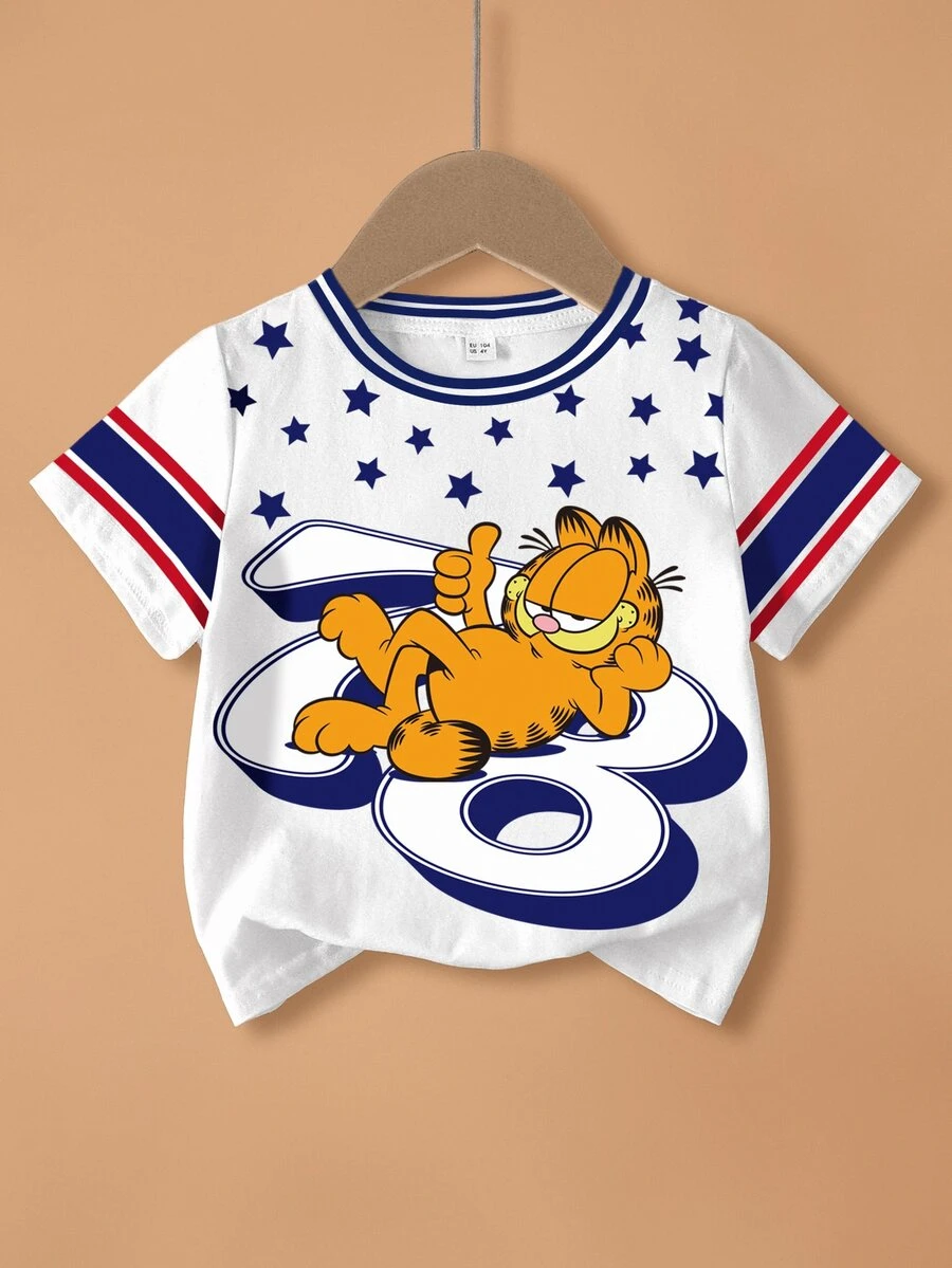 GARFIELD | SHEIN 少女卡通印花圓領短袖休閒T恤 - 白色 - 查看 1