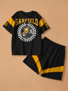 GARFIELD | SHEIN Tween Boy Cartoon Letter & Number Print T-Shirt And Shorts Set - White - View 2