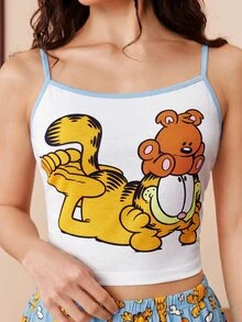 GARFIELD | SHEIN 女款吊帶背心短褲睡衣套裝，黃色撞色，白色上衣，居家服，卡通圖案，可愛圖案，可愛睡衣套裝，圖案睡衣套裝，返校季，Y2K，休閒 - 藍色 - 查看 4