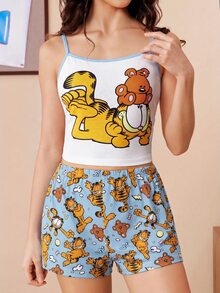 GARFIELD | SHEIN 女款吊帶背心短褲睡衣套裝，黃色撞色，白色上衣，居家服，卡通圖案，可愛圖案，可愛睡衣套裝，圖案睡衣套裝，返校季，Y2K，休閒 - 藍色 - 查看 5