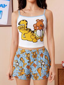 GARFIELD | SHEIN 女款吊帶背心短褲睡衣套裝，黃色撞色，白色上衣，居家服，卡通圖案，可愛圖案，可愛睡衣套裝，圖案睡衣套裝，返校季，Y2K，休閒 - 藍色 - 查看 3