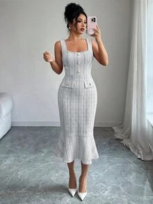 Elenzga Gaun Mermaid Elegan Motif Kotak-kotak dengan Kerah Persegi dan Pinggang Ramping untuk Pesta Malam Wanita - Hitam dan Putih - View 5