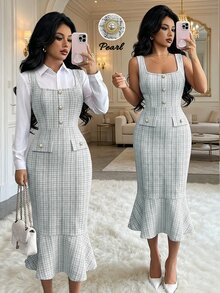 Elenzga Gaun Mermaid Elegan Motif Kotak-kotak dengan Kerah Persegi dan Pinggang Ramping untuk Pesta Malam Wanita - Hitam dan Putih - View 1