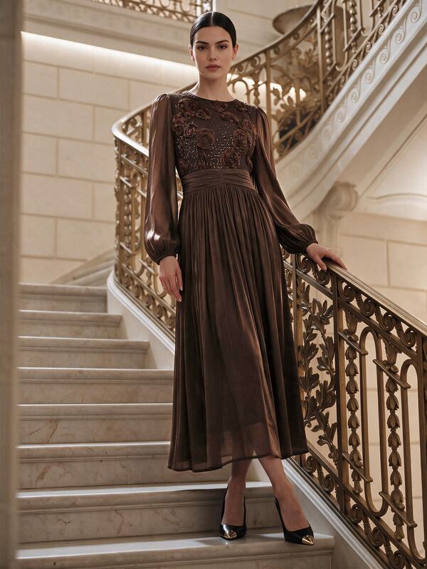 Anewsta Long Sleeve 3D Floral Applique Waist-Cinching Slimming Dress For Party, Vacation, Holiday
