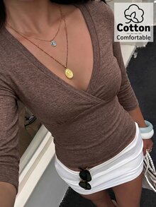 Aloruh Blue-Green V-Neck 3/4 Sleeve Slimming T-Shirt - Brown - View 5