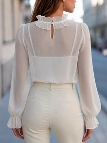 SHEIN Women's New French Gentle Style Ruffle Trim Blouse, Elegant Romantic Off-White Slightly Sheer Flare Sleeve Top Office Summer - Apricot - View 3