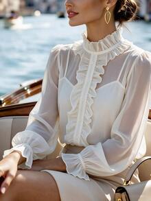SHEIN Women's New French Gentle Style Ruffle Trim Blouse, Elegant Romantic Off-White Slightly Sheer Flare Sleeve Top Office Summer - Apricot - View 2
