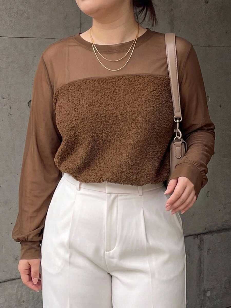 Dazy Plus Mesh Patchwork Fuzzy Loose Fit Fun Commuter Design Pullover Long Sleeve Top For Spring Summer Autumn - Brown - View 1