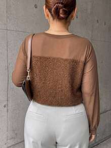 Dazy Plus Mesh Patchwork Fuzzy Loose Fit Fun Commuter Design Pullover Long Sleeve Top For Spring Summer Autumn - Brown - View 2