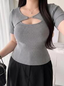 Dazy Plus Round Neck Cutout Front Short Sleeve Layered 2 In 1 Sweet Knit Top - Grey - View 5