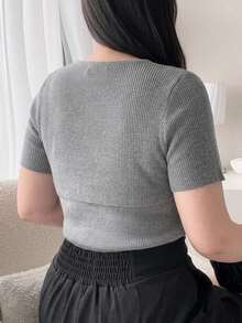 Dazy Plus Round Neck Cutout Front Short Sleeve Layered 2 In 1 Sweet Knit Top - Grey - View 3