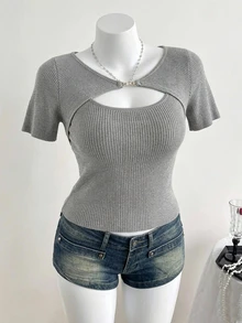 Dazy Plus Round Neck Cutout Front Short Sleeve Layered 2 In 1 Sweet Knit Top - Grey - View 6