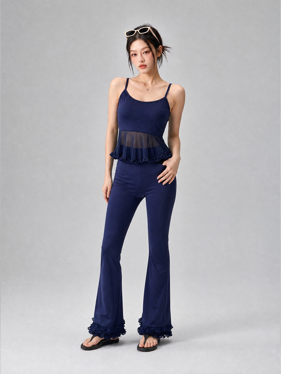 Autumn Korean Style Blue Cami Top With Sheer Mesh Patchwork, High Waist Lace Patchwork Flare Pants, Women's Fitness Casual Streetwear Sports Set