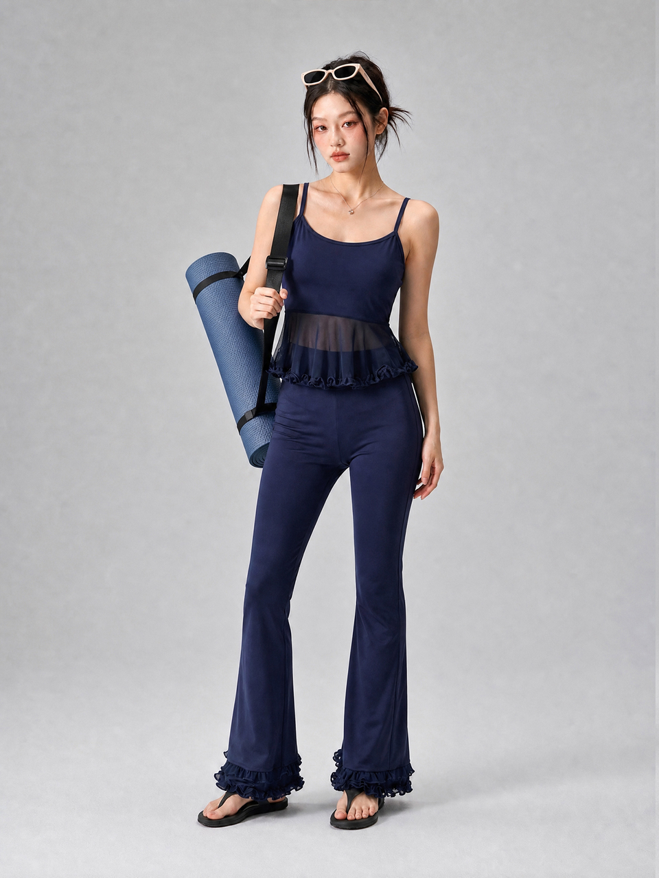 Autumn Korean Style Blue Cami Top With Sheer Mesh Patchwork, High Waist Lace Patchwork Flare Pants, Women's Fitness Casual Streetwear Sports Set
