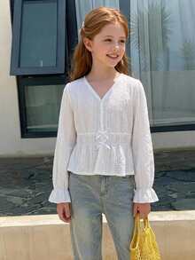 DAZY Tween Girl Flounce Sleeve Cinched Waist Peplum Blouse Fall - White - View 3