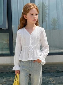 DAZY Tween Girl Flounce Sleeve Cinched Waist Peplum Blouse Fall - White - View 2