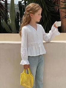 DAZY Tween Girl Flounce Sleeve Cinched Waist Peplum Blouse Fall - White - View 5