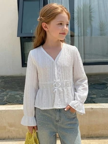 DAZY Tween Girl Flounce Sleeve Cinched Waist Peplum Blouse Fall - White - View 6