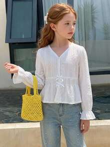 DAZY Tween Girl Flounce Sleeve Cinched Waist Peplum Blouse Fall - White - View 4