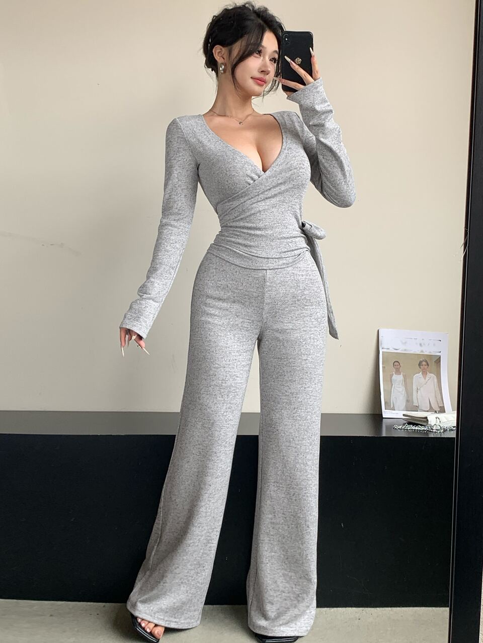 Women's Autumn Korean Style V-Neck Long Sleeve Grey Wrap Tie Waist T-Shirt And Wide Leg Pants Loose Casual Street Home Commute Sports Set