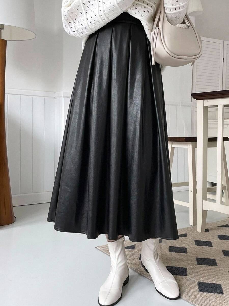DAZY 秋季新款休閒優雅高腰純色皮革布料寬鬆A字女款中長裙 - 黑色 - 查看 1